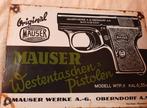 Emailleschild Mauser Westentasche Pistole Cal. 6,35 30 x 20, Antiek en Kunst, Antiek | Wandborden en Tegels