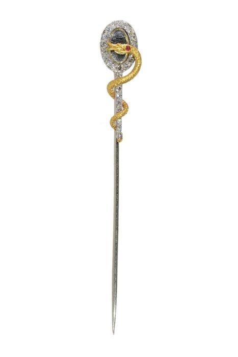Speld - 18 karaat Geel goud, Witgoud - 0.15ct. tw. Diamant, Handtassen en Accessoires, Antieke sieraden