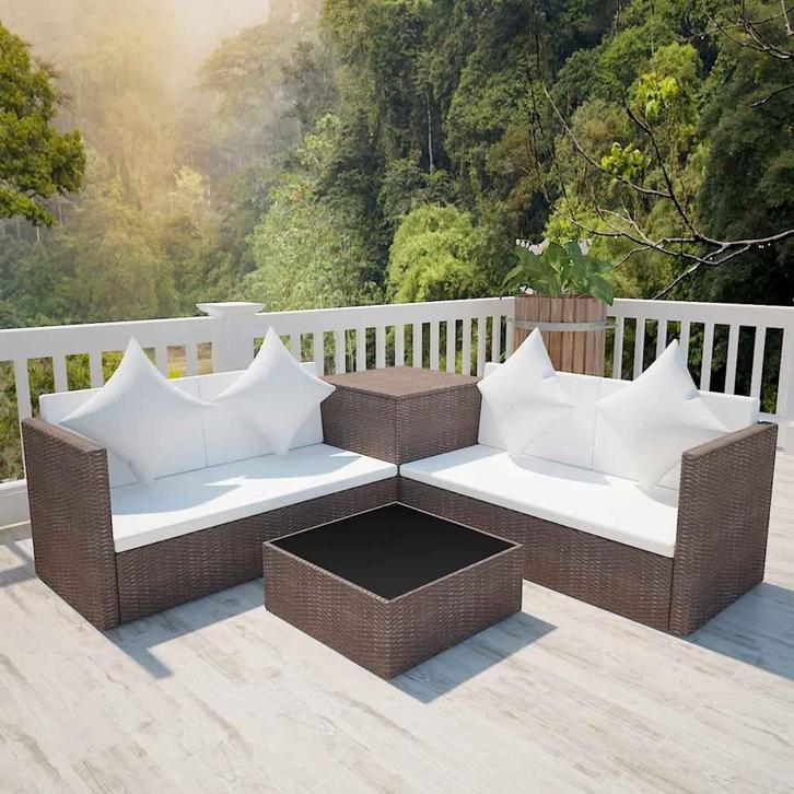 vidaXL 4-delige Loungeset met kussens poly rattan bruin, Tuin en Terras, Tuinsets en Loungesets, Loungeset, Nieuw, Verzenden