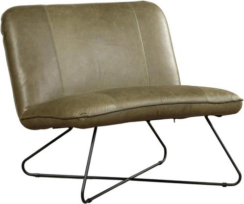 Olijfgroene leren industriële fauteuil zonder armleuning -, Huis en Inrichting, Fauteuils, 75 tot 100 cm, 75 tot 100 cm, Nieuw