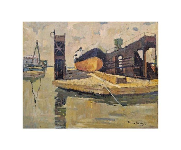 Antoni Sala Herrero (1927 – 2012) - Shipyard with ship and, Antiek en Kunst, Kunst | Schilderijen | Klassiek