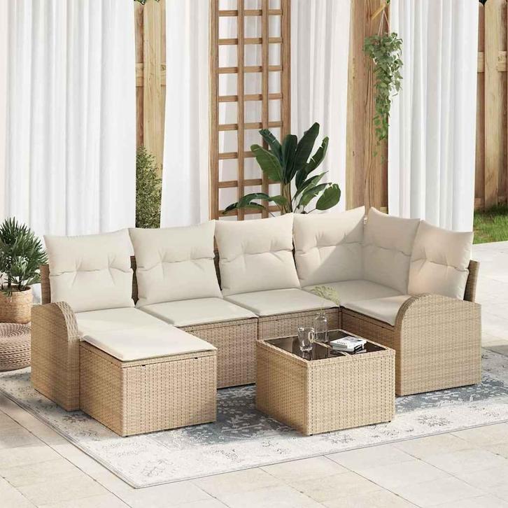 vidaXL Tuinbank Set met kussen 7 pcs Beige Poly rattan, Tuin en Terras, Tuinsets en Loungesets, Nieuw, Verzenden