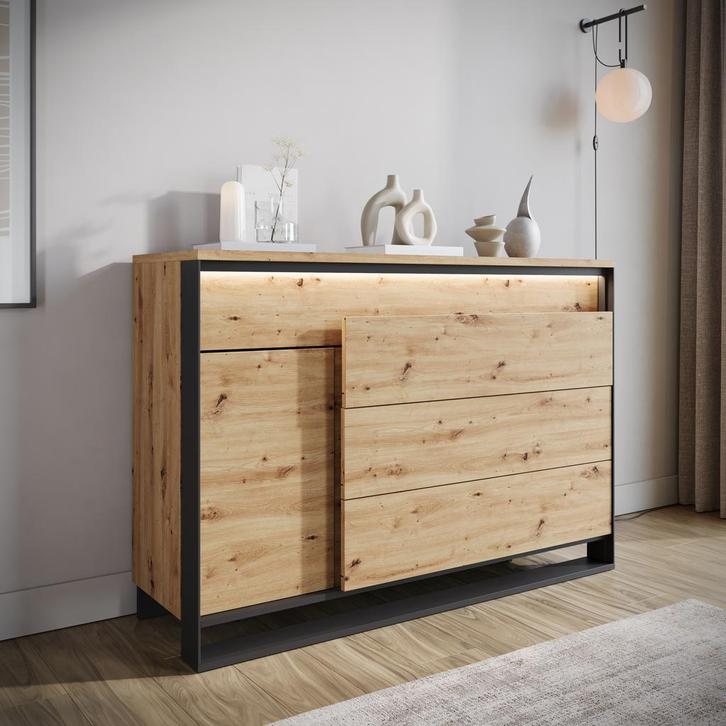 Meubella Dressoir eiken 130 cm - Kast met LED, Huis en Inrichting, Kasten | Dressoirs, 25 tot 50 cm, Nieuw, 100 tot 150 cm, Verzenden