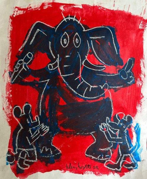 Peter Klashorst (1957) - Blauwe Ganesh, Antiquités & Art, Art | Peinture | Moderne