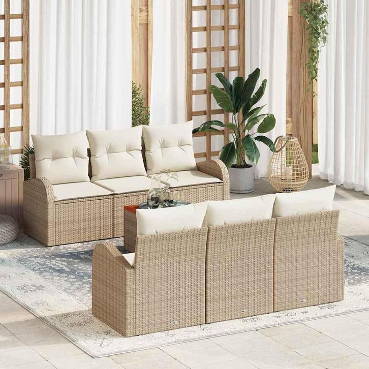 vidaXL Tuinbank Set met kussen 7 pcs Beige poly rattan, Jardin & Terrasse, Ensembles de jardin, Envoi