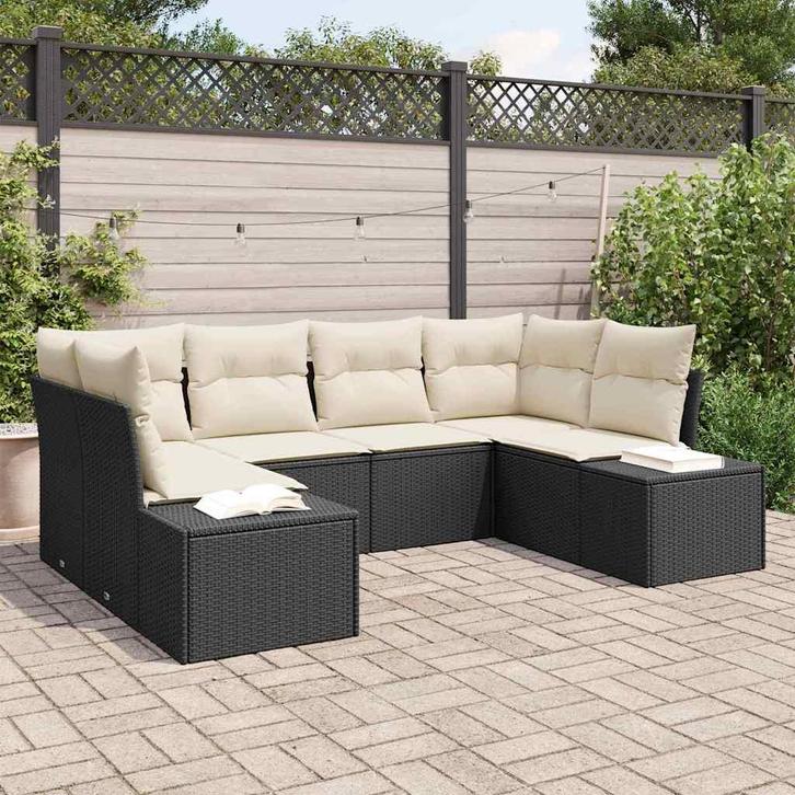 vidaXL Tuinbank Set met kussen 6 pcs Zwart en crème Poly, Tuin en Terras, Tuinsets en Loungesets, Nieuw, Verzenden