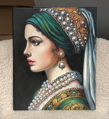 Natalia Mas (XX-XXI) - Young Lady with Pearls, Antiek en Kunst, Kunst | Schilderijen | Klassiek