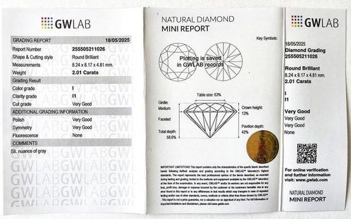 1 pcs Diamant (Natuurlijk) - 2.01 ct - Rond - I - P1 -, Handtassen en Accessoires, Edelstenen