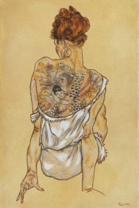 Maurizio Rapiti - Donna seduta tatuata (framed), Antiek en Kunst, Kunst | Schilderijen | Modern