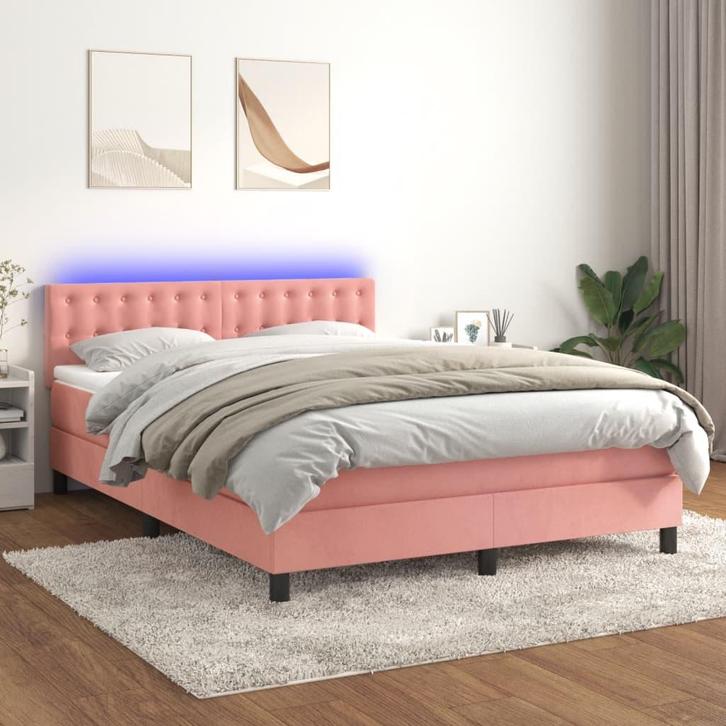vidaXL Boxspring met matras en LED fluweel roze 140x200 cm, Huis en Inrichting, Slaapkamer | Bedden, Nieuw, Verzenden