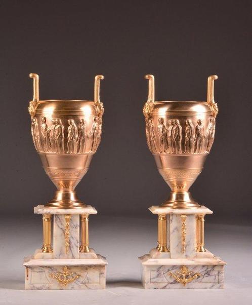 Vases en bronze sur pieds en marbre, signés F. Barbedienne, Antiquités & Art, Antiquités | Autres Antiquités