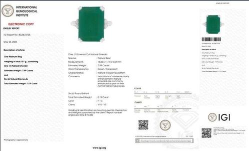Ring Platina - 8.18ct. tw. Smaragd - Diamant - Transparant, Handtassen en Accessoires, Ringen