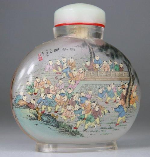 Grote Chinese Tabatière in Gegraveerd Kristal - Binnen, Antiek en Kunst, Antiek | Overige Antiek