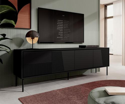 Meubella | TV-Meubel mat zwart 200x38x62 | 4 deuren, Huis en Inrichting, Kasten |Televisiemeubels, 25 tot 50 cm, Nieuw, 200 cm of meer