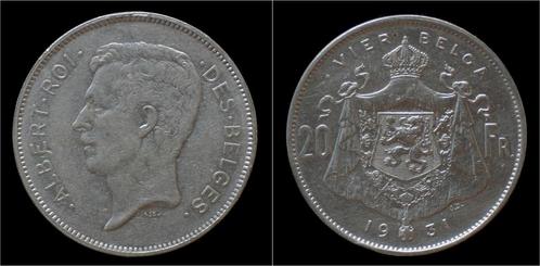 Belgium Albert I 20 frank (4belga) 1931vl-pos A nickel, Postzegels en Munten, Munten | Europa | Niet-Euromunten, België, Verzenden