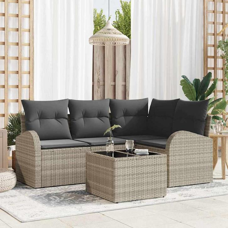 vidaXL Tuinbank Set met kussen 5 pcs Lichtgrijs Poly rattan, Tuin en Terras, Tuinsets en Loungesets, Nieuw, Verzenden