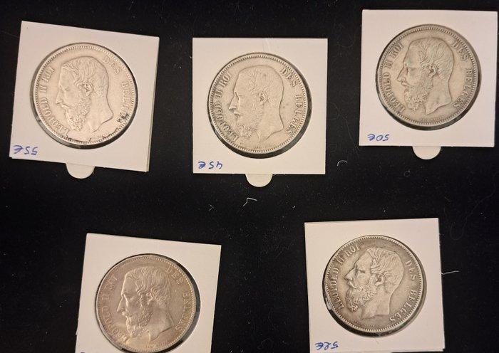 België. Leopold II. 5 Francs Lot van 5 stuks (Zonder, Postzegels en Munten, Munten | Nederland