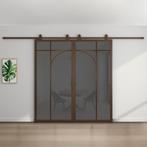 Dubbele stalen schuifdeur - Brons - 5 Vlaks rond - Rook glas, 75 tot 150 cm, Nieuw, 150 tot 225 cm, Metaal