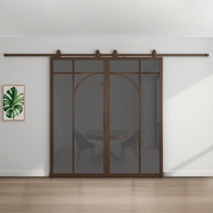 Dubbele stalen schuifdeur - Brons - 5 Vlaks rond - Rook glas, Doe-het-zelf en Bouw, Raamkozijnen en Schuifdeuren, Inclusief glas