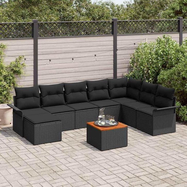 vidaXL Tuinbank Set 9 pcs Zwart Poly rattan, Tuin en Terras, Tuinsets en Loungesets, Nieuw, Verzenden