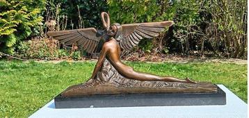 sculptuur, art deco vrouw met zwaan - 25 cm - Brons