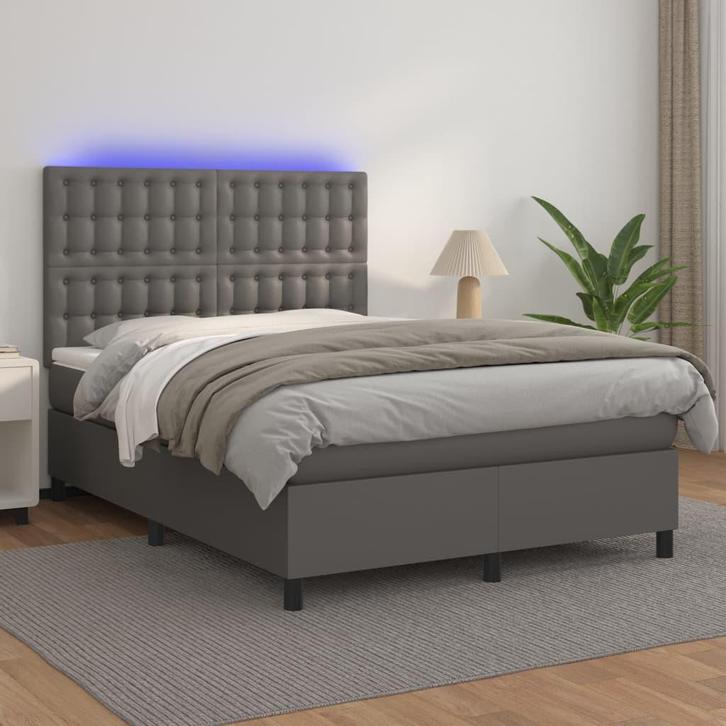 vidaXL Boxspring met matras en LED kunstleer grijs 140x200, Huis en Inrichting, Slaapkamer | Bedden, Nieuw, Verzenden