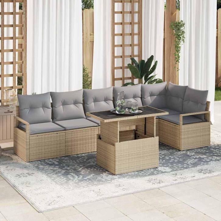 vidaXL Tuinbank Set met kussen 7 pcs Beige Poly rattan, Tuin en Terras, Tuinsets en Loungesets, Nieuw, Verzenden