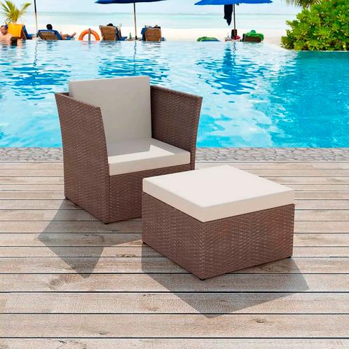 vidaXL Tuinstoel met voetenbank poly rattan bruin, Tuin en Terras, Tuinstoelen, Nieuw, Verzenden