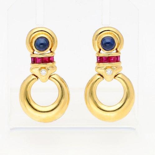Boucles doreilles - 18 carats Or jaune Saphir - Rubis -, Handtassen en Accessoires, Oorbellen