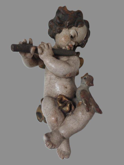 Snijwerk, Holzfigur - farbiger Engel mit Querflöte und ein, Antiek en Kunst, Antiek | Boeken en Manuscripten