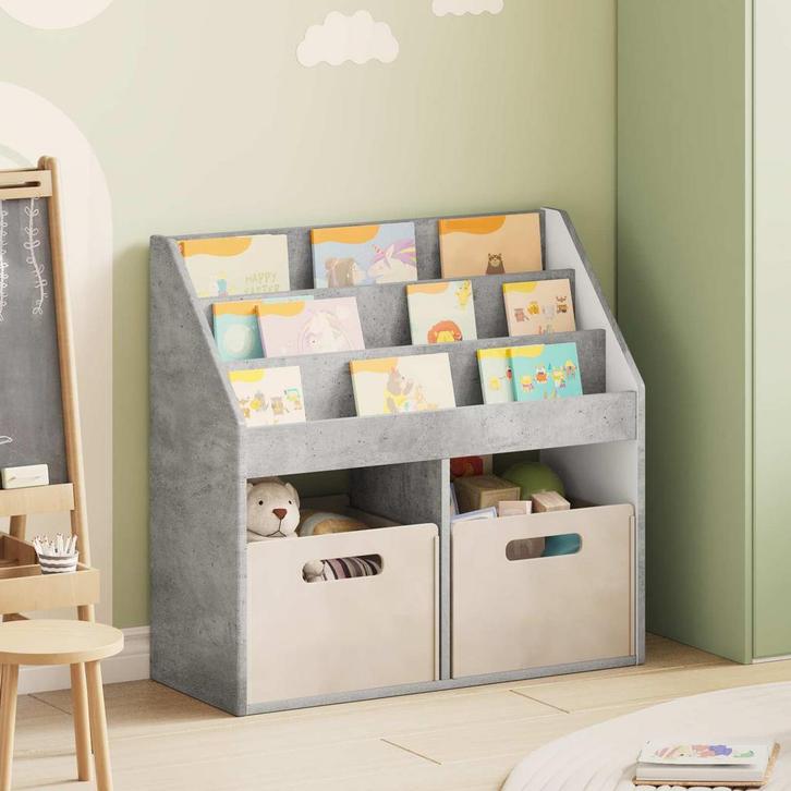vidaXL Kinderboekenplank Beton Grijs 72,5 x 29,5 x 69 cm, Huis en Inrichting, Woonaccessoires | Krantenbakken en Lectuurbakken