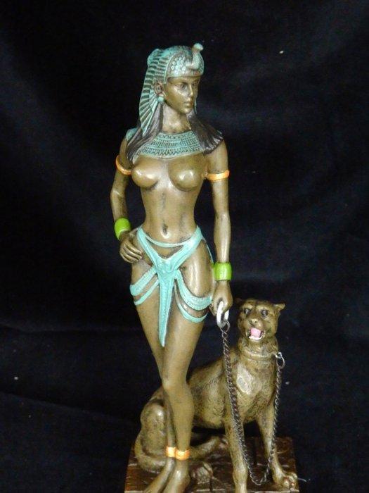 Sculpture, XL Bronzen Beeldje Cleopatra met hond in Kleur -, Antiek en Kunst, Curiosa en Brocante