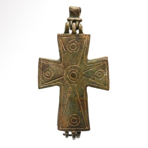 Byzantin Bronze Pendentif Croix Reliquaire, Antiek en Kunst, Antiek | Overige Antiek