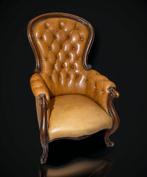 Fauteuil - Pelle Cammello - Chesterfield - Noyer, Cuir, Antiquités & Art