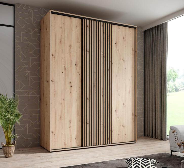 Kledingkast 180cm Eiken Schuifdeuren Latjes - Garderobekast, Huis en Inrichting, Kasten | Overige, Nieuw, Verzenden