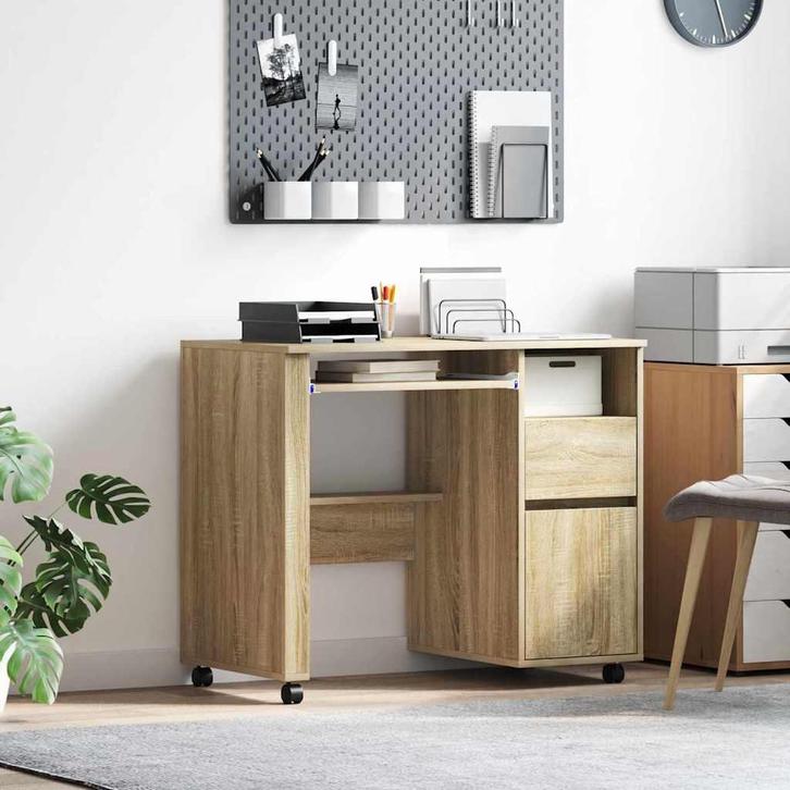 vidaXL Bureau met Wielen Sonoma Eik 91 x 50 x 77 cm Bewerkt, Maison & Meubles, Bureaux, Envoi