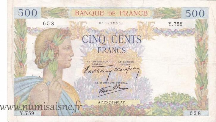 France Frankreich F 32/05 500 Francs La Paix 25/07/1940 Y..., Postzegels en Munten, Bankbiljetten | Europa | Niet-Eurobiljetten