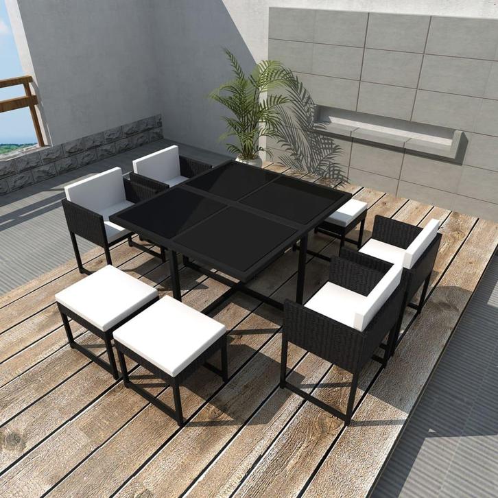 vidaXL 9-delige Tuinset met kussens poly rattan zwart, Jardin & Terrasse, Ensembles de jardin, Envoi