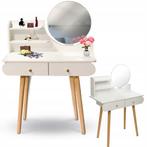 Betaalbare Kaptafel met Grote Ronde Spiegel en 2 Lades - Wit, 100 tot 150 cm, Nieuw, Stijlvol en tijdloos, Hout