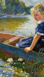 Vladimir Goussev (1957) - Promenade en Barque - Rivière aux, Antiek en Kunst, Kunst | Schilderijen | Klassiek
