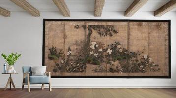 Byôbu scherm (scherm) - Gelakt hout, zijde, papier,
