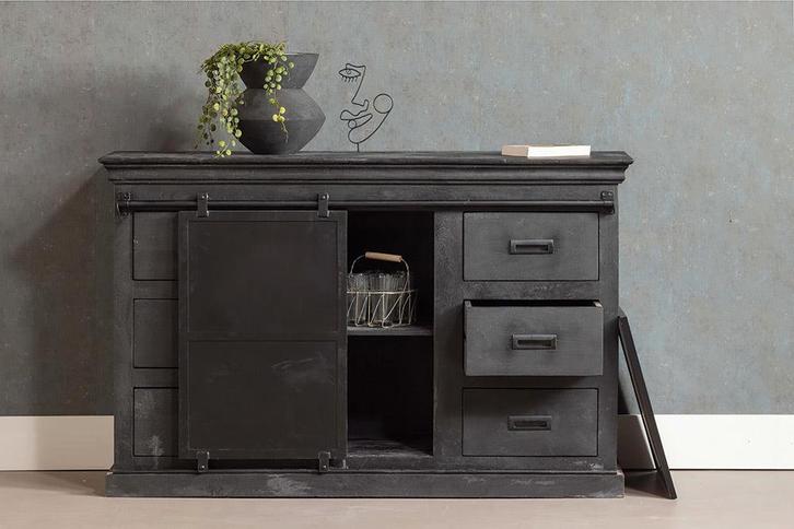 Dressoir Mangohout Milan 140 Zwart, Huis en Inrichting, Kasten | Dressoirs, Nieuw, Verzenden