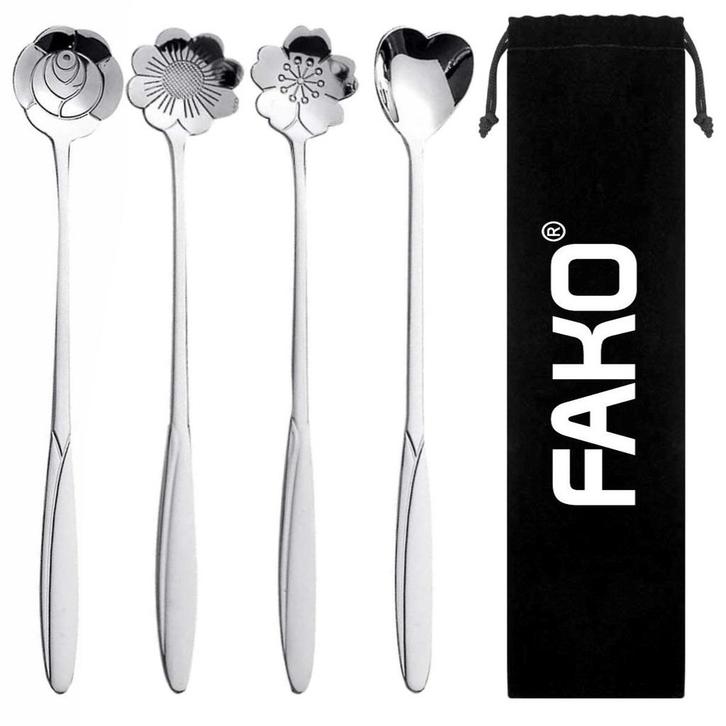 Fako Bijoux® - 4 Lange Lepels Bloem Motief - Latte Macchiato, Huis en Inrichting, Keuken | Bestek, Verzenden