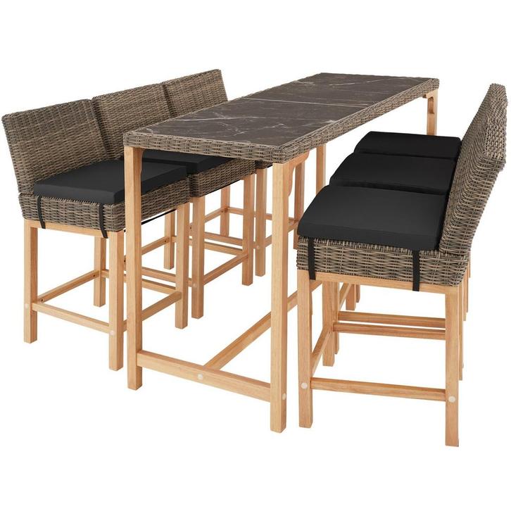 tectake Wicker bartafel Lovas met 6 stoelen Latina - natuur, Tuin en Terras, Tuinsets en Loungesets, Verzenden