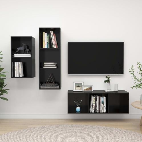 vidaXL 3-delige Tv-meubelset bewerkt hout hoogglans zwart, Huis en Inrichting, Kasten |Televisiemeubels, Nieuw, Verzenden