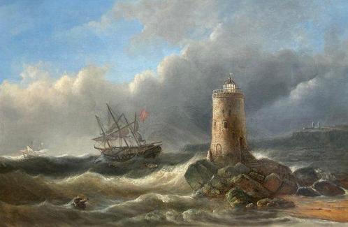 Willem Dreibholtz (1799-1874) - Schip in nood bij vuurtoren, Antiek en Kunst, Kunst | Schilderijen | Klassiek