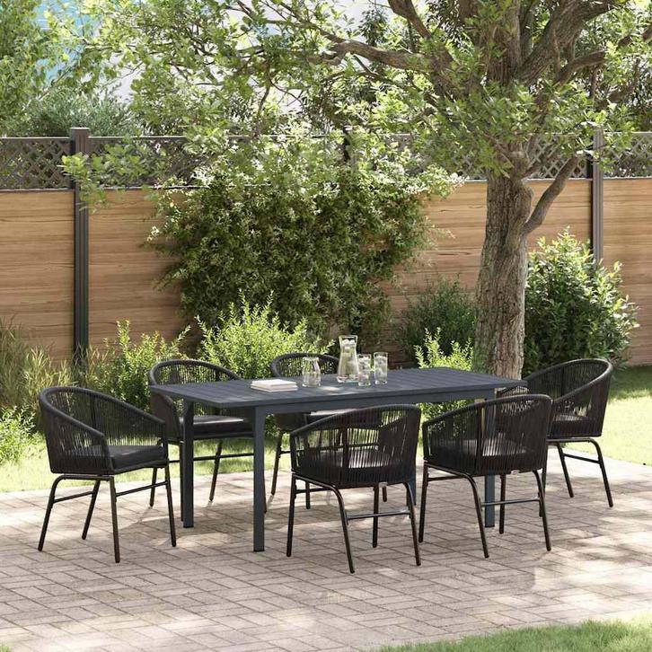 vidaXL Tuin Eettafel Set 7 pcs Zwart Poly rattan, Tuin en Terras, Tuinsets en Loungesets, Nieuw, Verzenden
