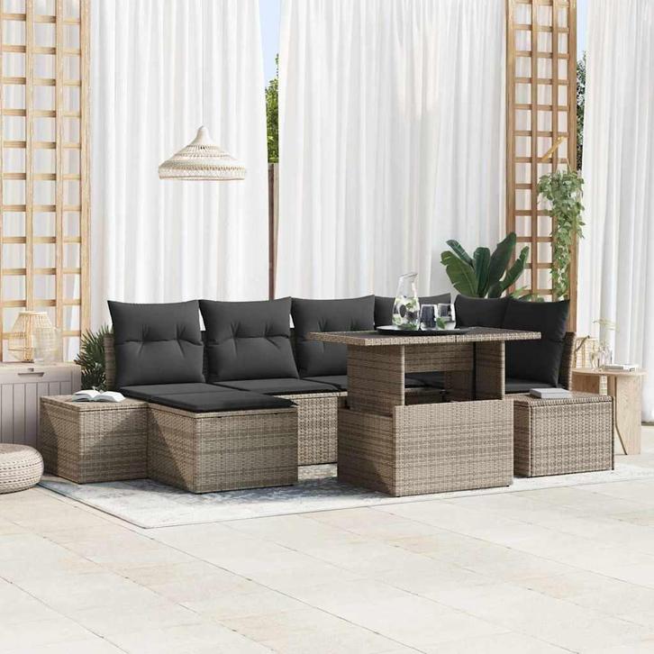 vidaXL Tuinbank Set 7 pcs Grijs Poly riet, poedercoated, Tuin en Terras, Tuinsets en Loungesets, Nieuw, Verzenden