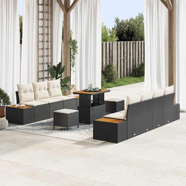 vidaXL Tuinbank Set met kussen met opslag 10 pcs Zwart Poly, Tuin en Terras, Tuinsets en Loungesets, Nieuw, Verzenden