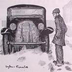 Spotprent over een werkloze die jaloers is op een auto, Antiek en Kunst, Kunst | Litho's en Zeefdrukken, Verzenden